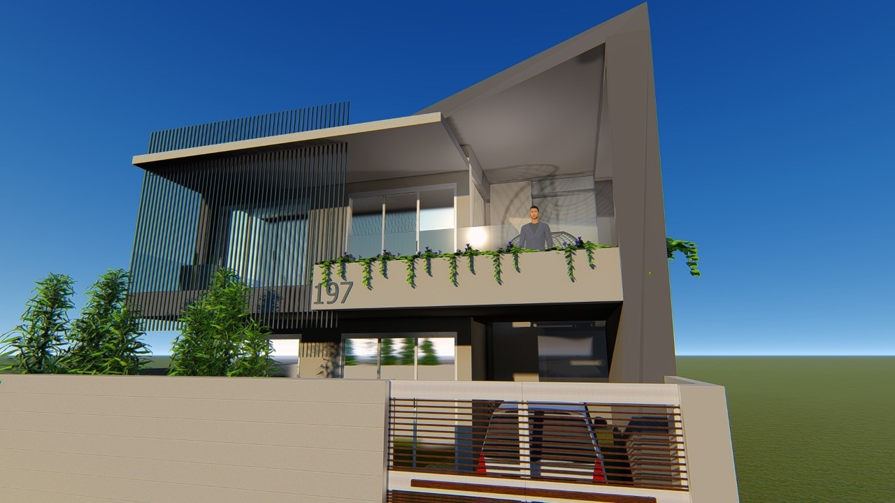 Modern angular façade with glass elements