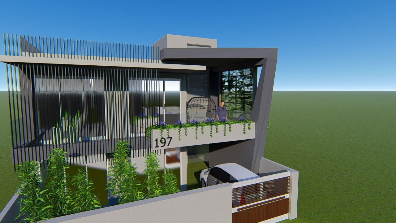 3D architectural render with vertical fins