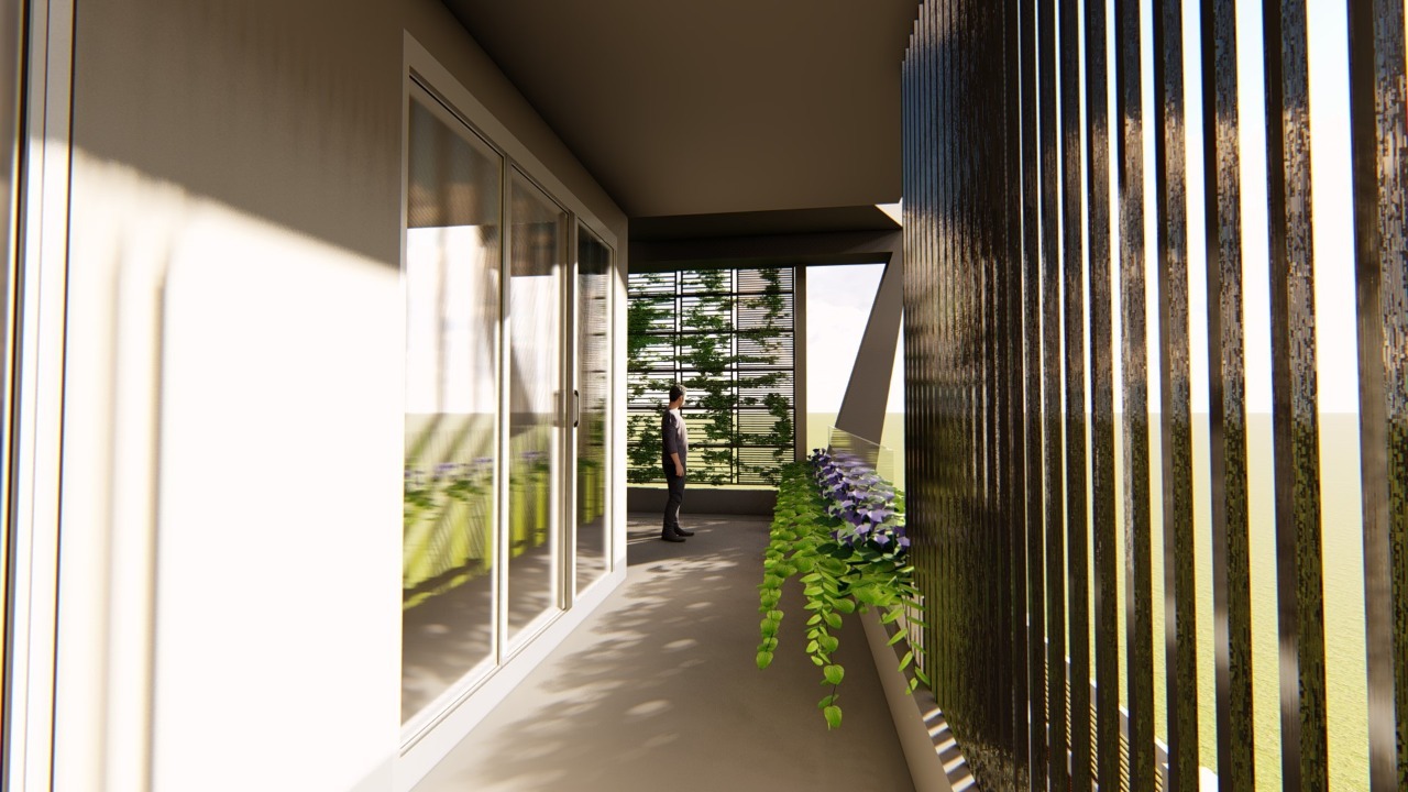 Sunlit corridor with greenery