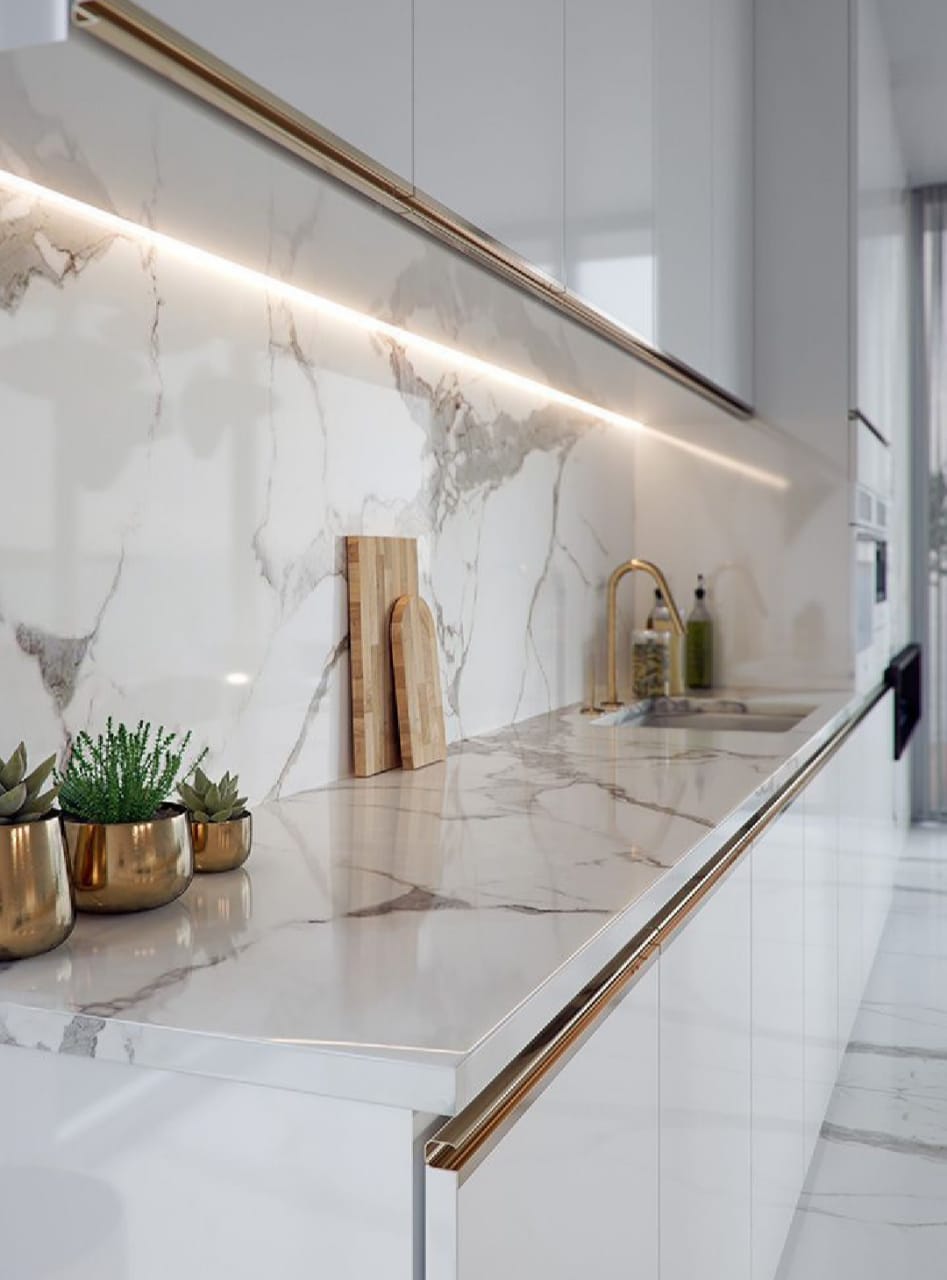 Marble kitchen countertop and planters