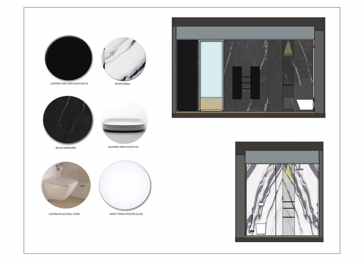 Washroom mood board showing tile textures, color palette, and material samples