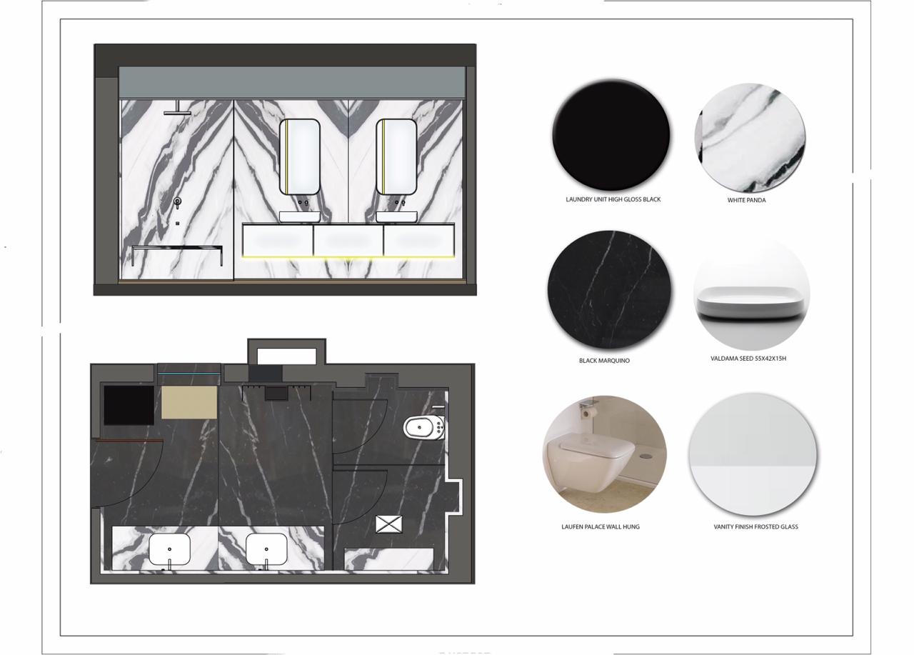 Detailed architectural layout and elevation plan for washroom interior